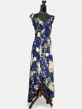 Navy Floral Ruffled High-Low Maxi Dress